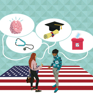 artist rendering showing two people talking with a U.S. flag, icons representing a human brain, a stethoscope, mortar board and degree, and a ballot box