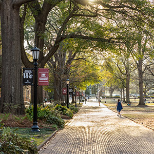 Photo of student walking on the Horseshoe